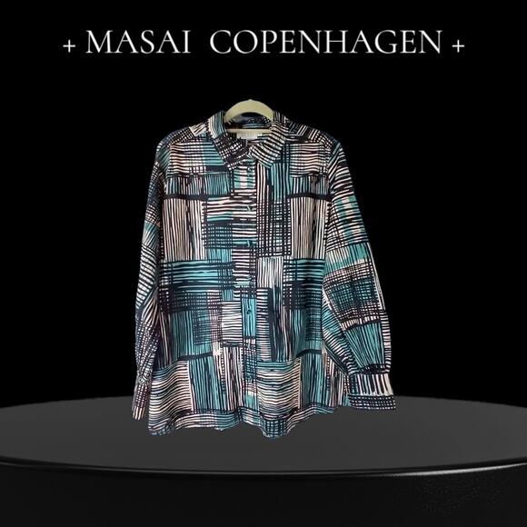 NWT Masai Copenhagen Malngrida Stripe Teal A-Line Blouse Size Medium 100% Cotton - Picture 1 of 10